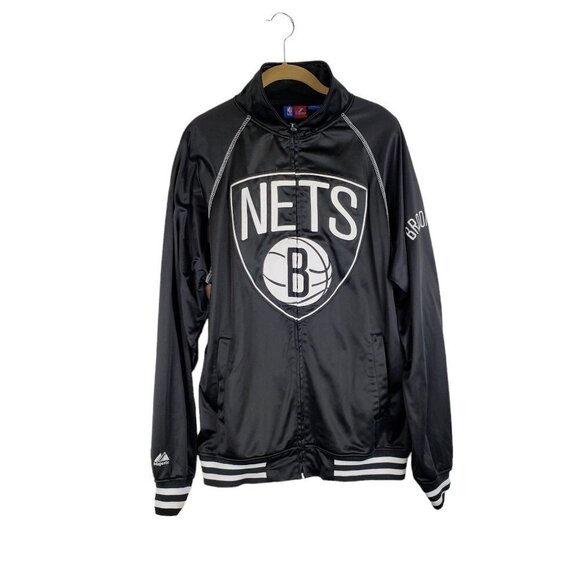Brooklyn Nets Warmup Jacket NBA Majestic Black Satin Retro Size MT Medium Tall - Picture 1 of 10